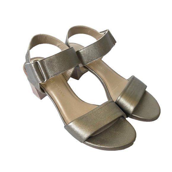 Stuart Weitzman Sandals Womens 6.5 Metallic Pewter Gold Leather Open Toe Shoes - Picture 4 of 13